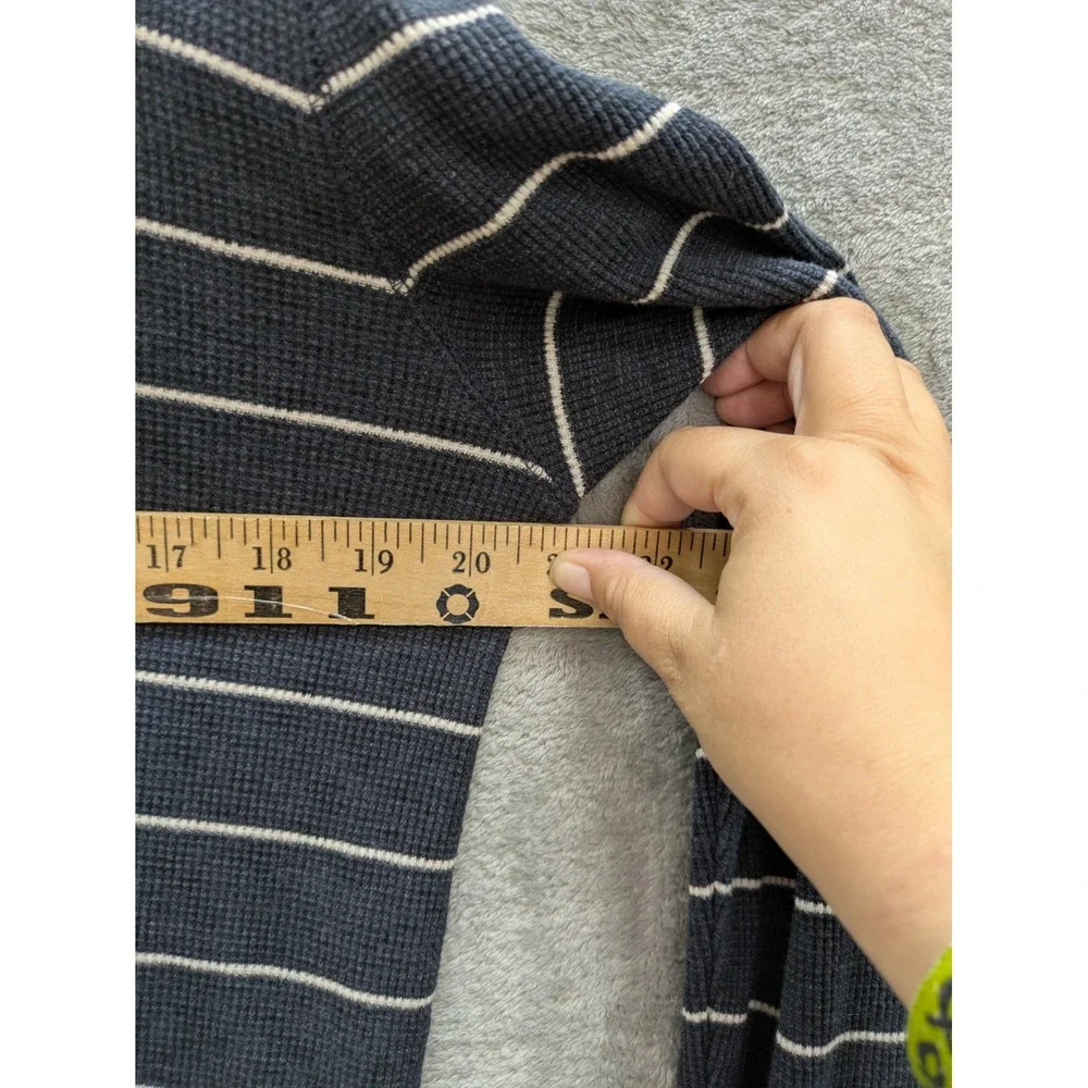 Classic Waffle Knit Thermal Shirt Mens Medium Navy Blue Striped Long Sleeve